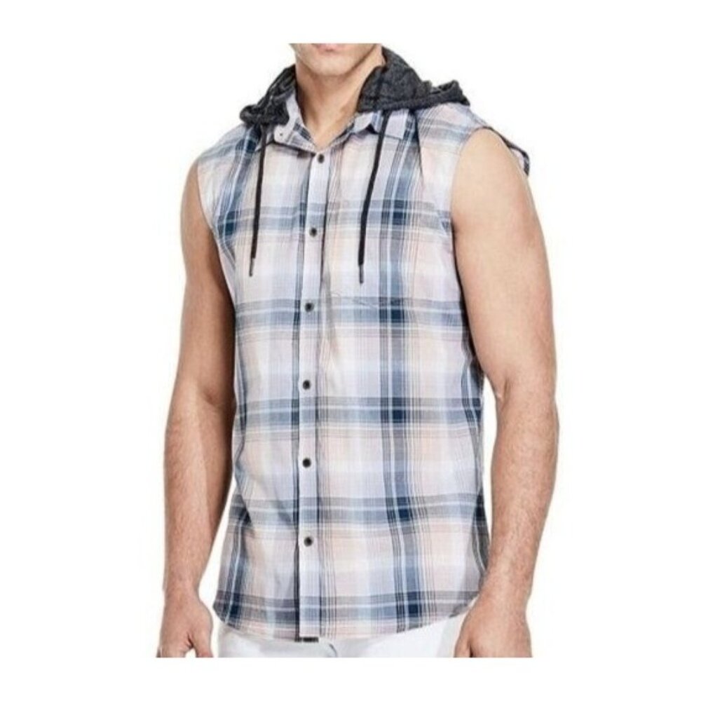 G By  Guess Mens Sleeveless Plaid Button-Up Shirt With Removable Hood XL